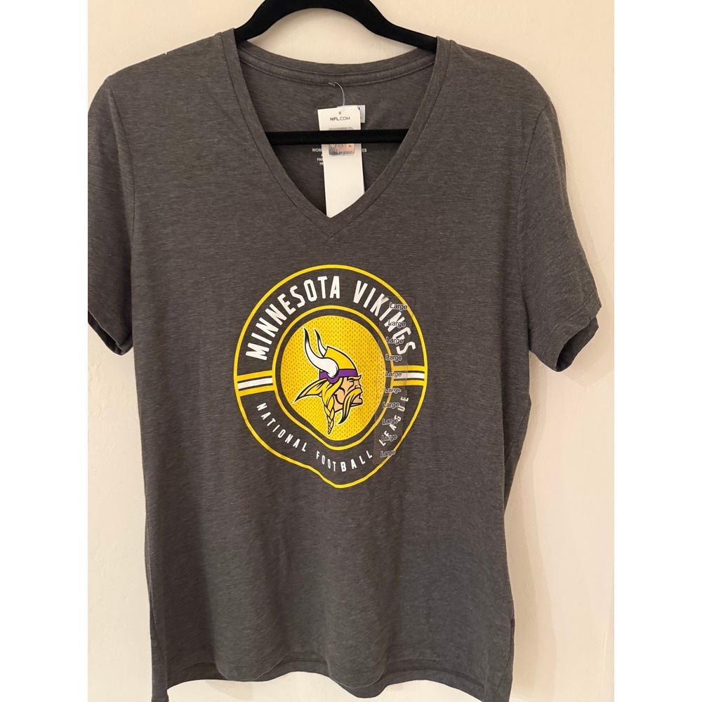 Women's NFL Team Apparel Minnesota Vikings V-Neck T-Shirt Gray Heather Large NWT